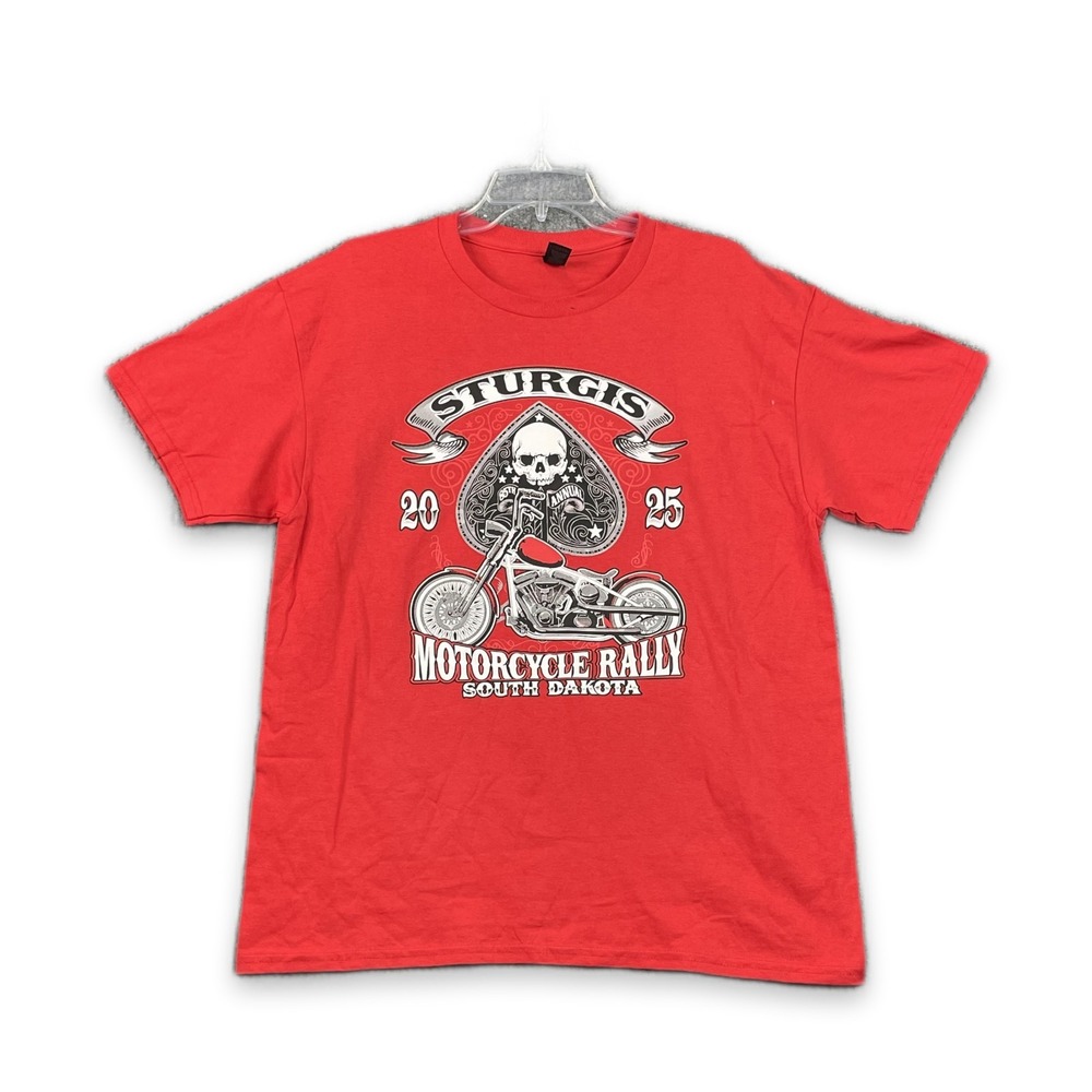 Gildan Sturgis Motorcycle Rally T-Shirt Mens Large Red Skull Bike Graphic Cotton
